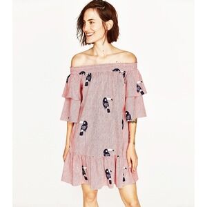 Zara Basic Collection Dress‎ Medium Red White Striped Toucan Bird Ruffle Pockets